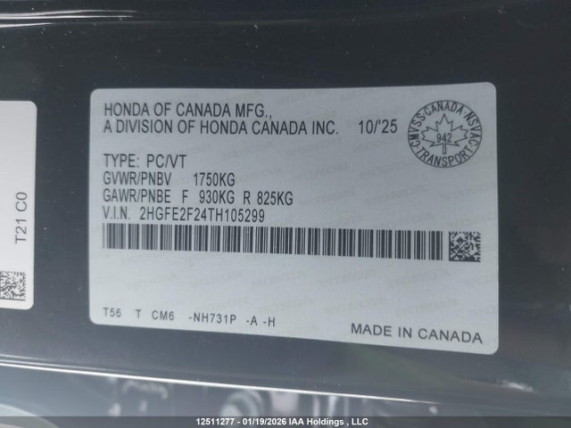 Продаж на аукціоні авто 2026 Honda Civic Lx, vin: 2HGFE2F24TH105299, номер лоту: 12511277