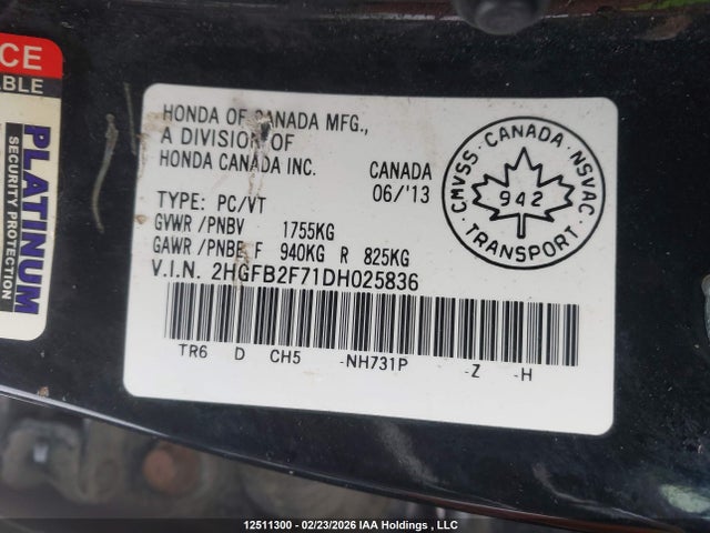 2013 Honda Civic მანქანა იყიდება აუქციონზე, vin: 2HGFB2F71DH025836, აუქციონის ნომერი: 12511300