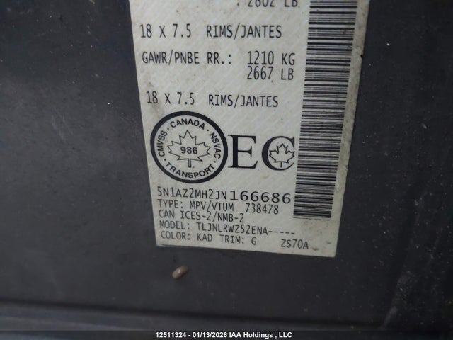 5N1AZ2MH2JN166686 Nissan Murano S/sl/sv/platinum