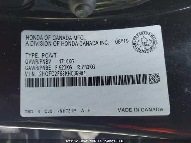 Aukcja sprzedaży 2019 Honda Civic Lx, vin: 2HGFC2F58KH039984, numer aukcji: 12511351