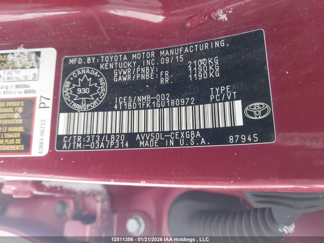 4T1BD1FK1GU180972 Toyota Camry Hybrid/le/xle/se