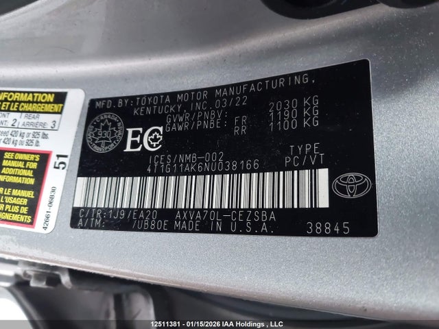 4T1G11AK6NU038166 Toyota CAMRY SE