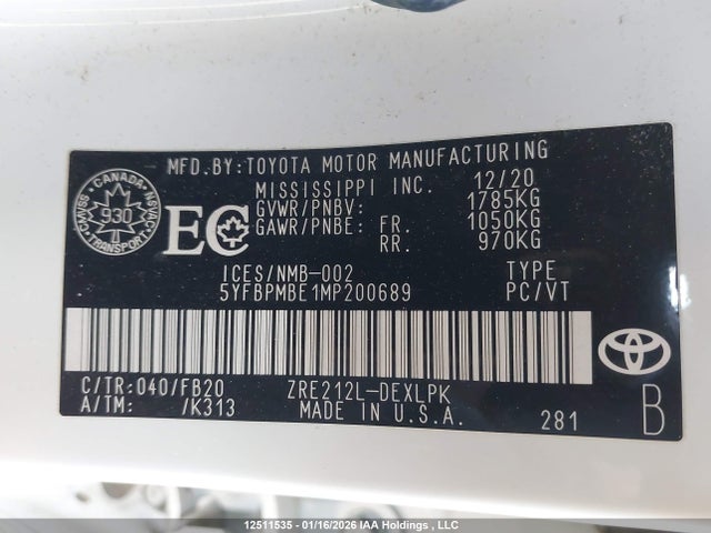 5YFBPMBE1MP200689 Toyota COROLLA LE