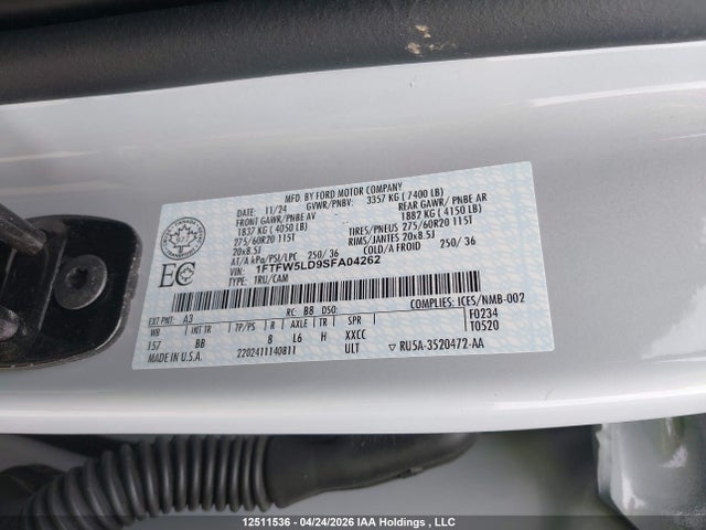 Продаж на аукціоні авто 2025 Ford F150 Lariat, vin: 1FTFW5LD9SFA04262, номер лоту: 12511536