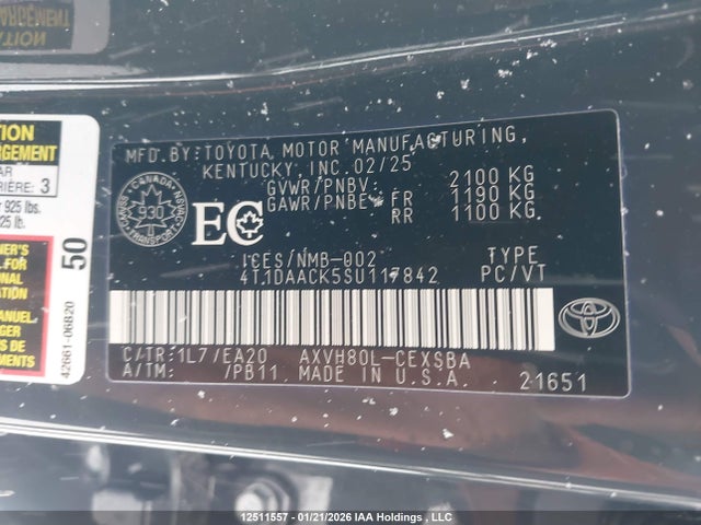 12511557 :رقم المزاد ، 4T1DAACK5SU117842 vin ، 2025 Toyota Camry Xse/xle/le/se مزاد بيع
