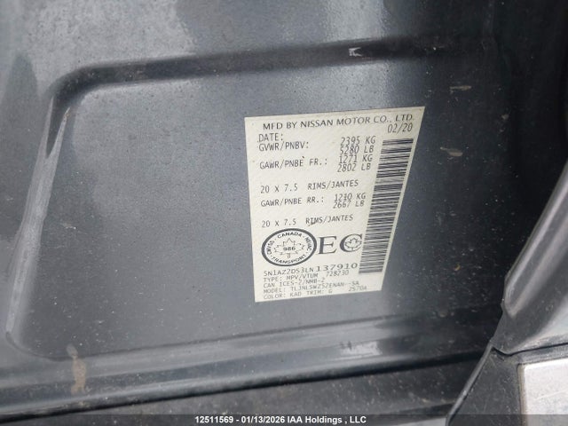 12511569 :رقم المزاد ، 5N1AZ2DS3LN137910 vin ، 2020 Nissan Murano Platinum مزاد بيع