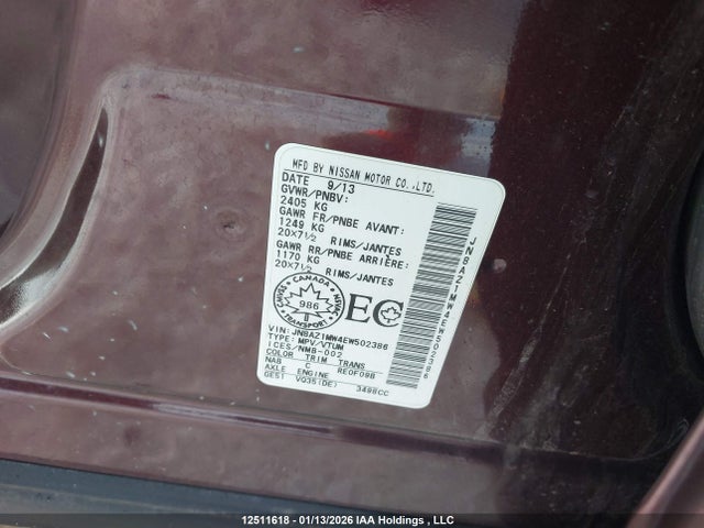 Aukcja sprzedaży 2014 Nissan Murano Platinum/s/sl/sv, vin: JN8AZ1MW4EW502386, numer aukcji: 12511618