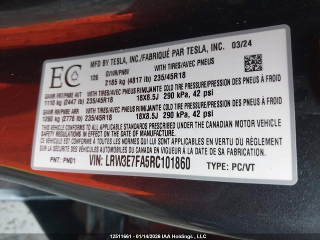 Aukcja sprzedaży 2024 Tesla Model 3 Rwd, vin: LRW3E7FA5RC101860, numer aukcji: 12511661