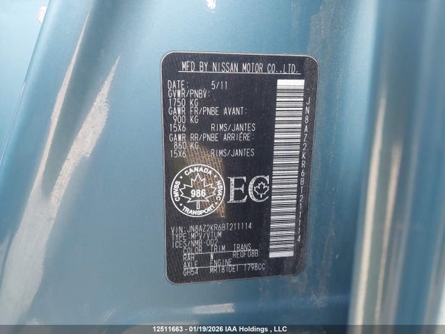 Продаж на аукціоні авто 2011 Nissan Cube S/sl/krom, vin: JN8AZ2KR6BT211114, номер лоту: 12511663