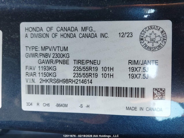 2HKRS6H98RH214614 Honda Cr-v Sport Touring