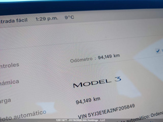 5YJ3E1EA2NF205849 Tesla MODEL 3