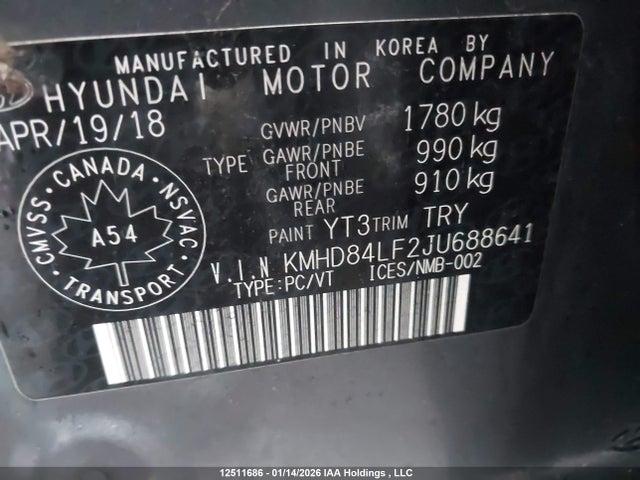 KMHD84LF2JU688641 Hyundai Elantra Gl Se