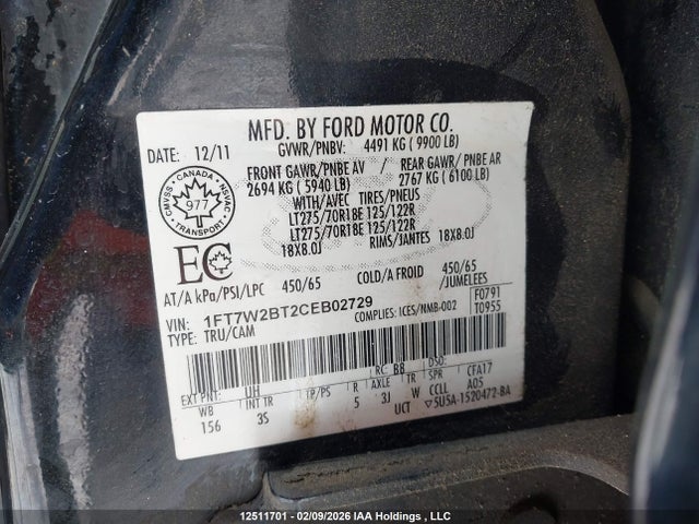 Продажа на аукционе авто 2012 Ford F250 Super Duty, vin: 1FT7W2BT2CEB02729, номер лота: 12511701