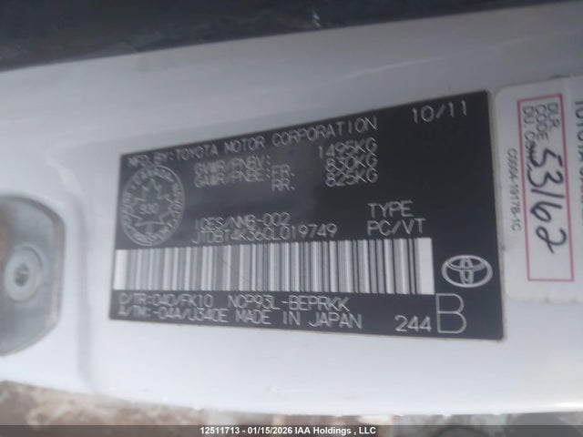12511713 :رقم المزاد ، JTDBT4K36CL019749 vin ، 2012 Toyota Yaris مزاد بيع