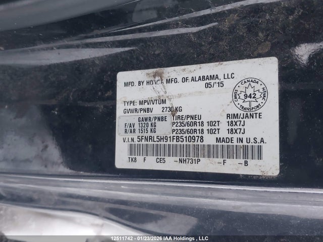 5FNRL5H91FB510978 Honda Odyssey