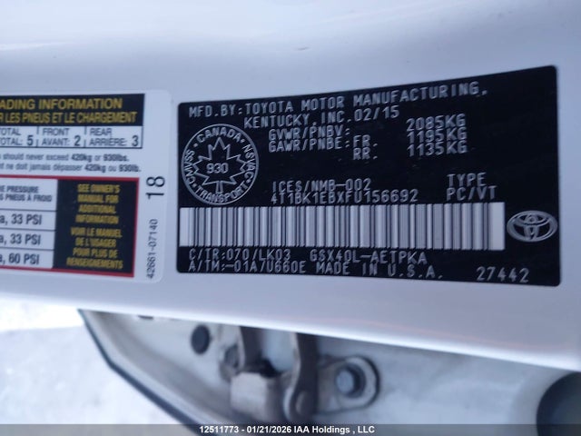 4T1BK1EBXFU156692 Toyota Avalon Xle/premium/touring/ltd