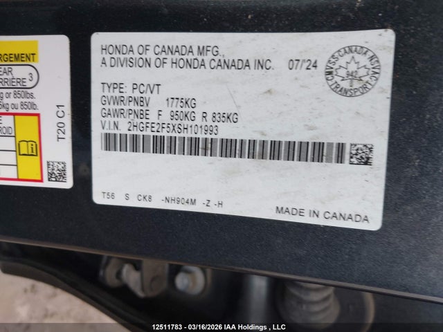 Продаж на аукціоні авто 2025 Honda Civic, vin: 2HGFE2F5XSH101993, номер лоту: 12511783