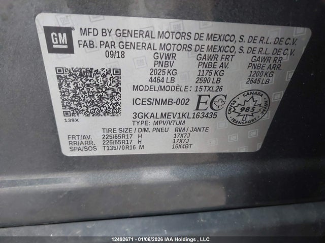12492671 :رقم المزاد ، 3GKALMEV1KL163435 vin ، 2019 Gmc Terrain Sle مزاد بيع