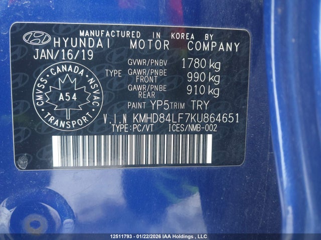 KMHD84LF7KU864651 Hyundai Elantra