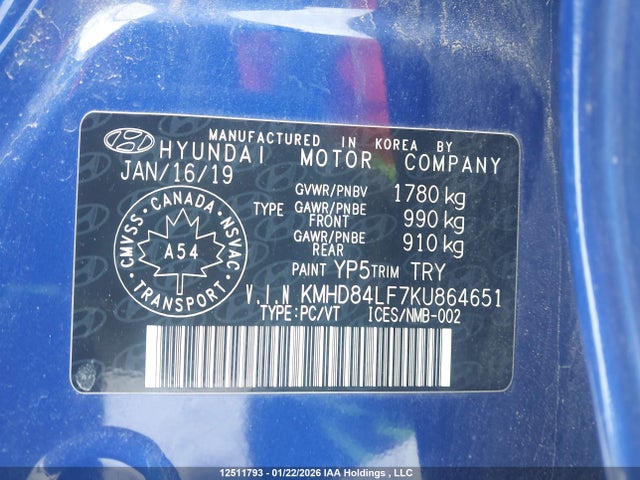 KMHD84LF7KU864651 Hyundai Elantra