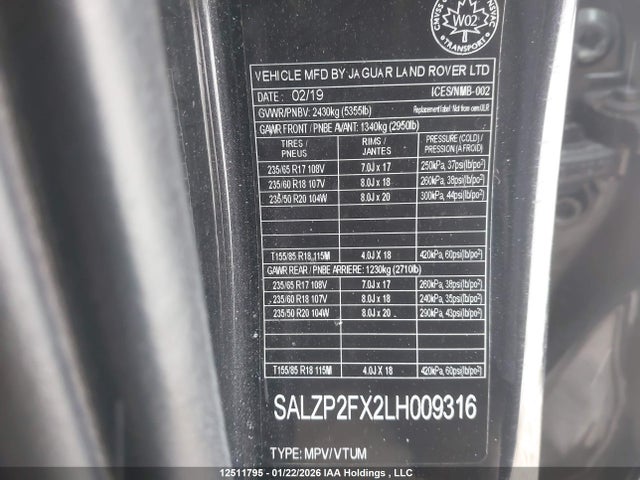 SALZP2FX2LH009316 Land Rover Range Rover Evoque P250 Se