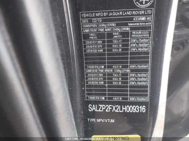 SALZP2FX2LH009316 Land Rover Range Rover Evoque P250 Se