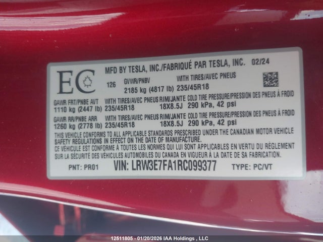 LRW3E7FA1RC099377 Tesla Model 3 Rwd