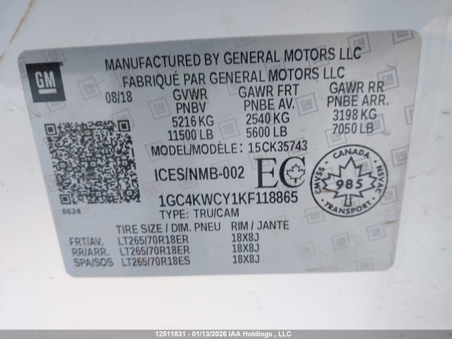 1GC4KWCY1KF118865 Chevrolet Silverado K3500 Lt