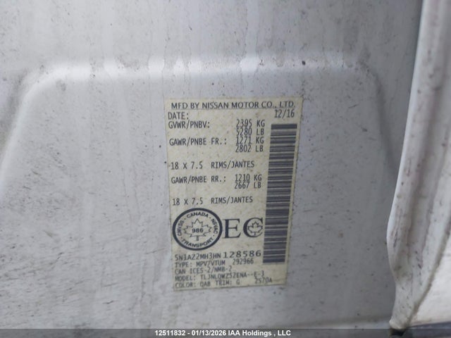 5N1AZ2MH3HN128586 Nissan Murano Platinum/sl/sv
