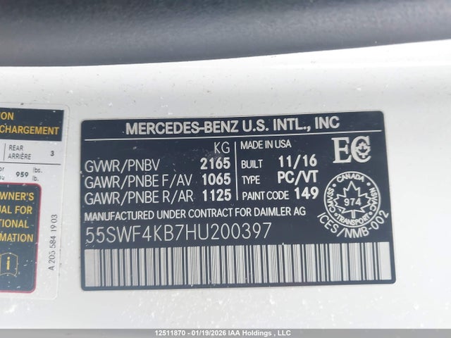 Aukcja sprzedaży 2017 Mercedes-benz C 300 4matic, vin: 55SWF4KB7HU200397, numer aukcji: 12511870