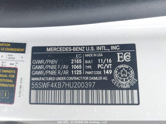 Aukcja sprzedaży 2017 Mercedes-benz C 300 4matic, vin: 55SWF4KB7HU200397, numer aukcji: 12511870