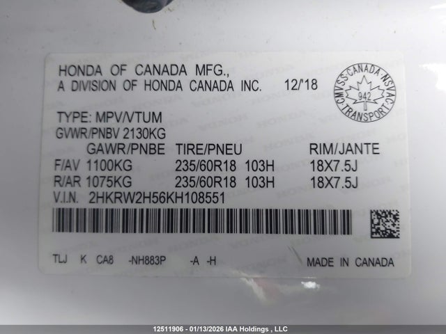 2HKRW2H56KH108551 Honda CR-V EX