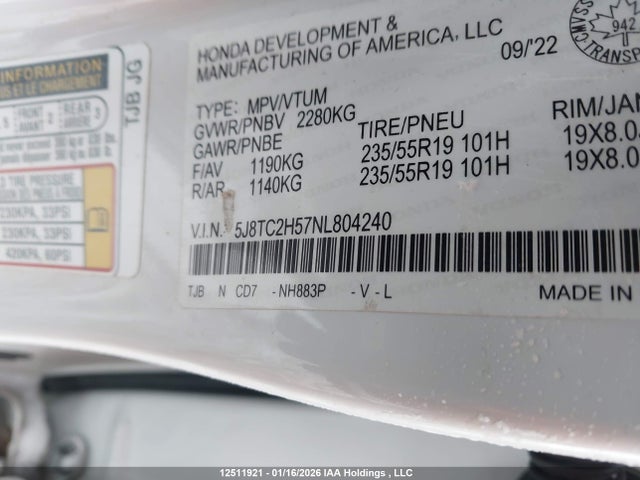 5J8TC2H57NL804240 Acura RDX
