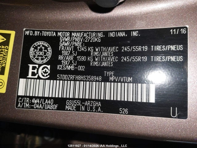 5TDDZRFH8HS358948 Toyota Highlander Limited