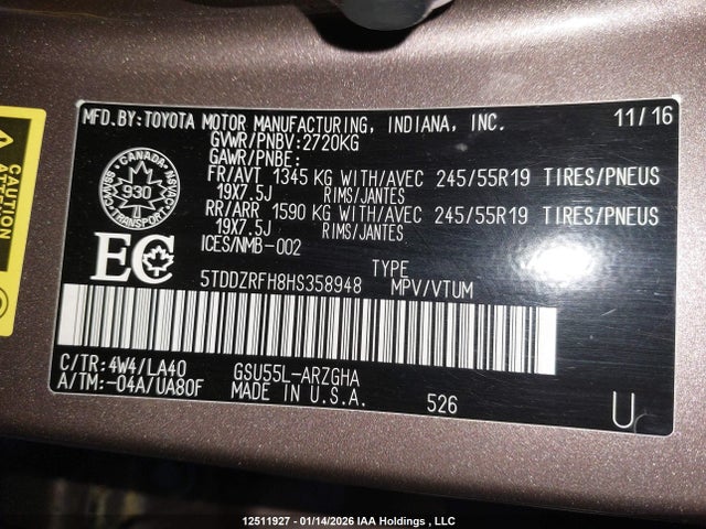 5TDDZRFH8HS358948 Toyota Highlander Limited