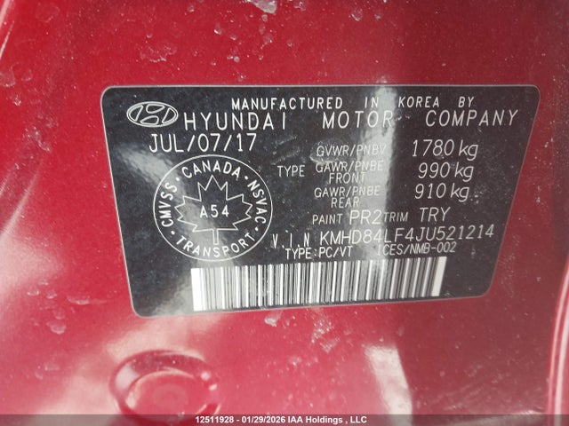 KMHD84LF4JU521214 Hyundai Elantra Gl Se