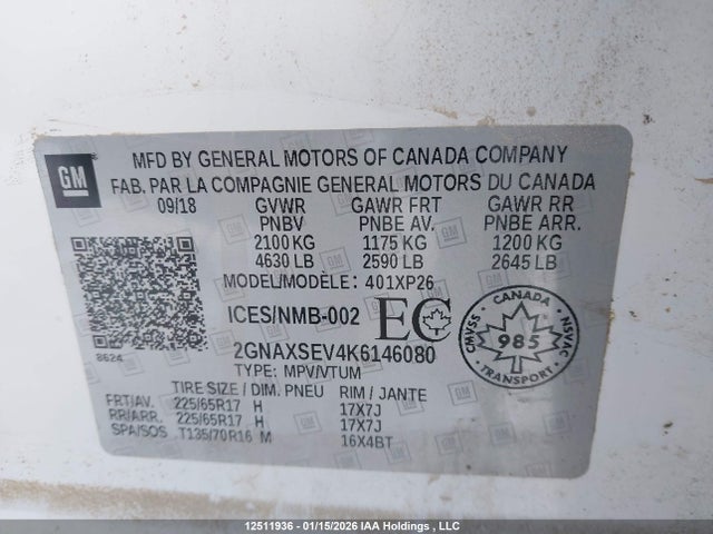 12511936 :رقم المزاد ، 2GNAXSEV4K6146080 vin ، 2019 Chevrolet Equinox Ls مزاد بيع