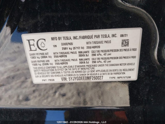 5YJYGDEE0MF260027 Tesla Model Y Long Range