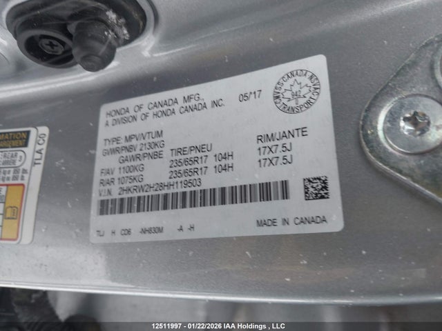 12511997 :رقم المزاد ، 2HKRW2H28HH119503 vin ، 2017 Honda Cr-v Lx مزاد بيع