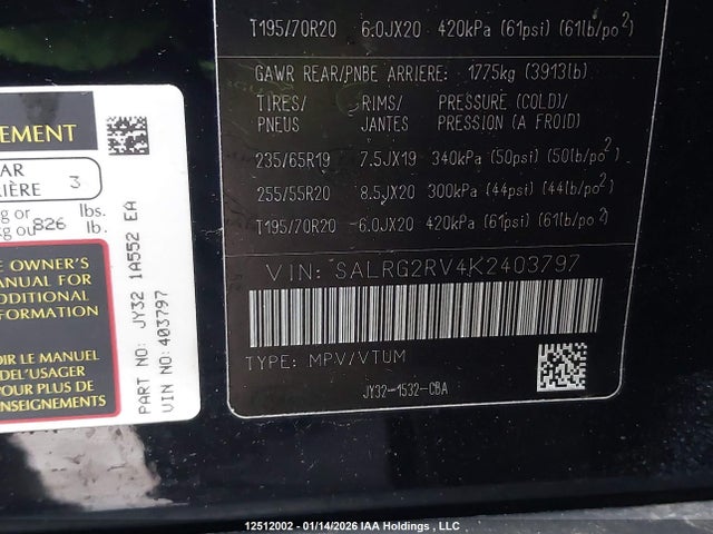 SALRG2RV4K2403797 Land Rover Discovery Se