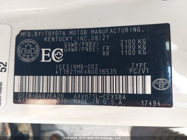 4T1B21HK4NU016535 Toyota Camry Hybrid Se