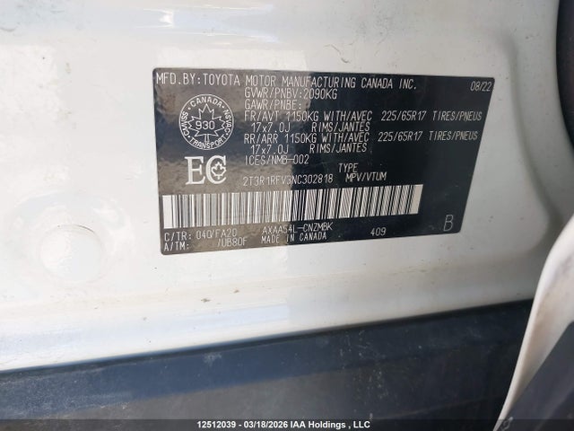 12512039 :رقم المزاد ، 2T3R1RFV3NC302818 vin ، 2022 Toyota Rav4 مزاد بيع