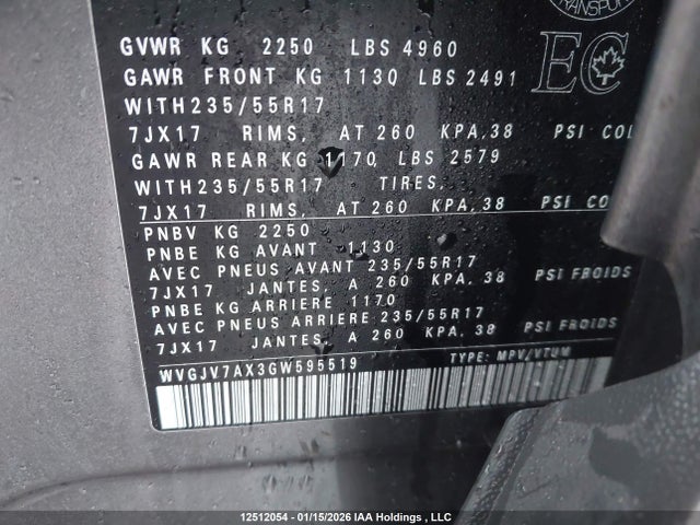 WVGJV7AX3GW595519 Volkswagen Tiguan Comfort/high/r-line/sp Ed