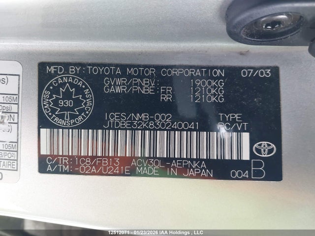 Aukcja sprzedaży 2003 Toyota Camry Le/xle, vin: JTDBE32K830240041, numer aukcji: 12512071