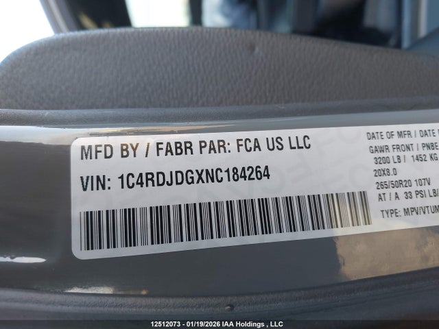 1C4RDJDGXNC184264 Dodge DURANGO GT