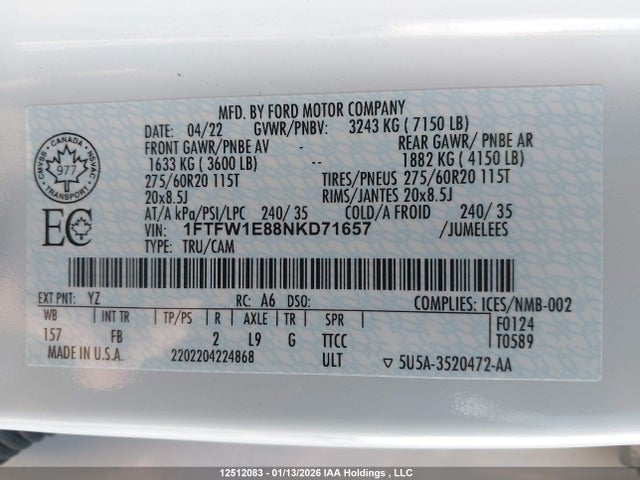 Aukcja sprzedaży 2022 Ford F-150 Xlt, vin: 1FTFW1E88NKD71657, numer aukcji: 12512083