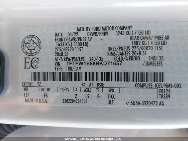 Aukcja sprzedaży 2022 Ford F-150 Xlt, vin: 1FTFW1E88NKD71657, numer aukcji: 12512083