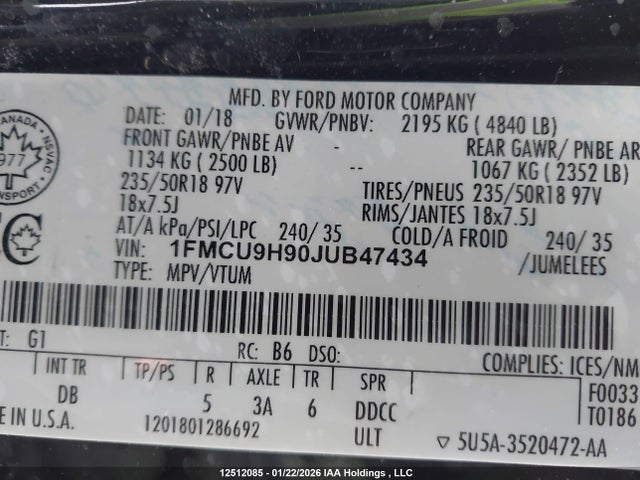 1FMCU9H90JUB47434 Ford ESCAPE SEL