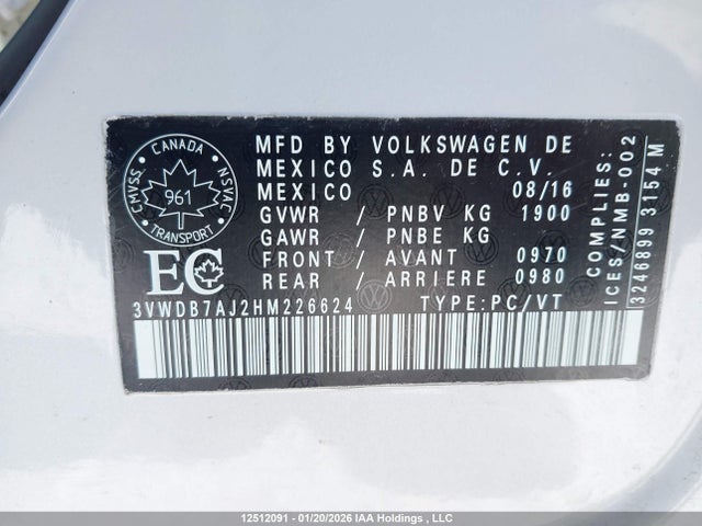 Aukcja sprzedaży 2017 Volkswagen Jetta Wolfsburg Edition, vin: 3VWDB7AJ2HM226624, numer aukcji: 12512091