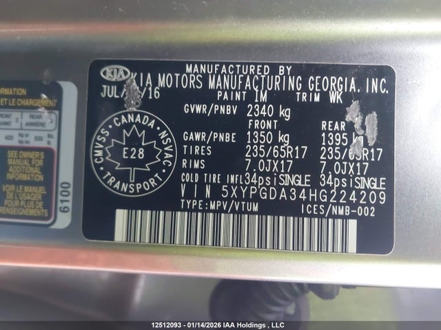 5XYPGDA34HG224209 KIA Sorento 2.4l Lx